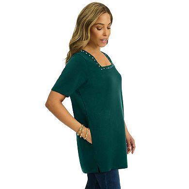 Jessica London Women's Plus Size Stretch Cotton Studded Square Neck Tunic