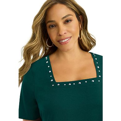 Jessica London Women's Plus Size Stretch Cotton Studded Square Neck Tunic
