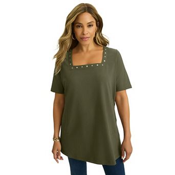 Jessica London Women's Plus Size Stretch Cotton Studded Square Neck Tunic