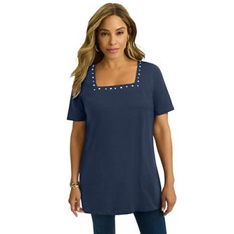 Jessica London Women's Plus Size Stretch Cotton Studded Square Neck Tunic