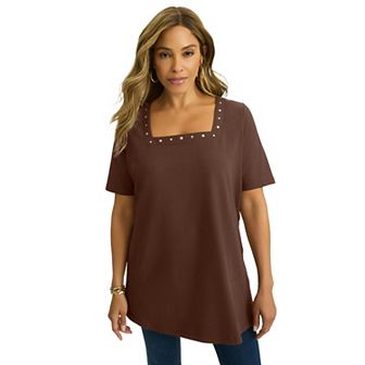 Jessica London Women's Plus Size Stretch Cotton Studded Square Neck Tunic