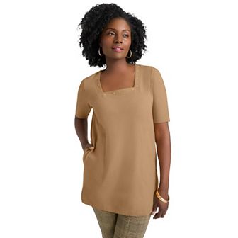 Jessica London Women's Plus Size Stretch Cotton Studded Square Neck Tunic