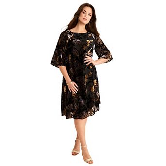 Roaman's Women's Plus Size Velvet Burnout Swing Dress