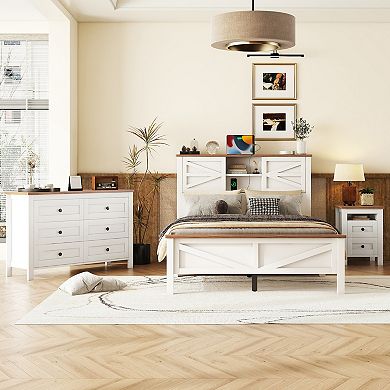 Merax 3-Pieces Bedroom Sets Full Size Farmhouse Platform Bed with Storage Nightstand and Dresser