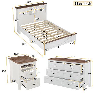 Merax 3-Pieces Bedroom Sets Full Size Farmhouse Platform Bed with Storage Nightstand and Dresser