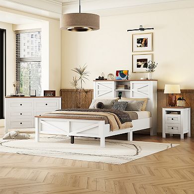 Merax 3-Pieces Bedroom Sets Full Size Farmhouse Platform Bed with Storage Nightstand and Dresser
