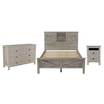 Merax 3 pc Bedroom Sets Full Size Farmhouse Platform Bed with Storage Nightstand and Dresser