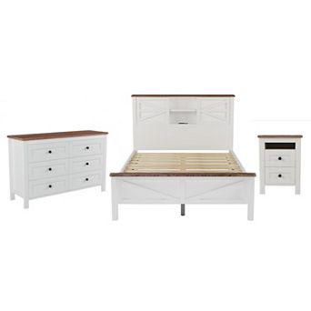 Merax 3 pc Bedroom Sets Full Size Farmhouse Platform Bed with Storage Nightstand and Dresser