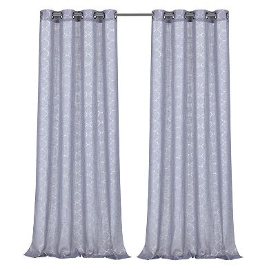 Kate Aurora 2 Piece Silver Sparkly Semi Sheer Trellis Quatrefoil Grommet Top Window Curtain Panels