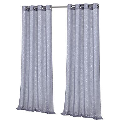 Kate Aurora 2 Piece Silver Sparkly Semi Sheer Trellis Quatrefoil Grommet Top Window Curtain Panels