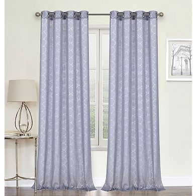 Kate Aurora 2 Piece Silver Sparkly Semi Sheer Trellis Quatrefoil Grommet Top Window Curtain Panels