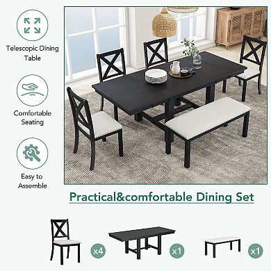 Merax Farmhouse 6-Piece Extendable Dining Table with Footrest, 4 Upholstered Dining Chairs and Bench