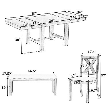 Merax Farmhouse 6-Piece Extendable Dining Table with Footrest, 4 Upholstered Dining Chairs and Bench