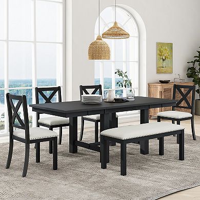 Merax Farmhouse 6-Piece Extendable Dining Table with Footrest, 4 Upholstered Dining Chairs and Bench