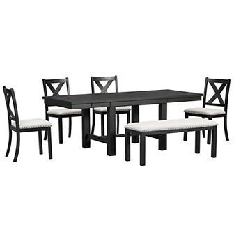 Merax Farmhouse 6 pc Extendable Dining Table with Footrest, 4 Upholstered Dining Chairs and Bench