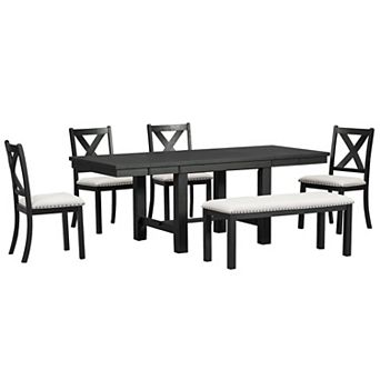 Merax Farmhouse 6 pc Extendable Dining Table with Footrest, 4 Upholstered Dining Chairs and Bench