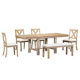 Merax Farmhouse 6 pc Extendable Dining Table with Footrest, 4 Upholstered Dining Chairs and Bench