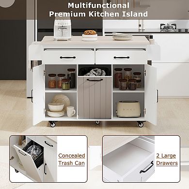 Merax Kitchen Island with Trash Can Storage Cabinet, Kitchen Cart with Drop Leaf