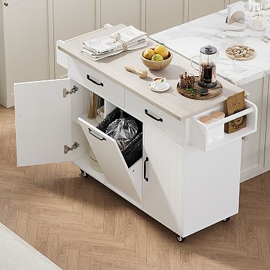 Merax Kitchen Island with Trash Can Storage Cabinet, Kitchen Cart with Drop Leaf