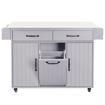 Merax Kitchen Island with Trash Can Storage Cabinet, Kitchen Cart with Drop Leaf