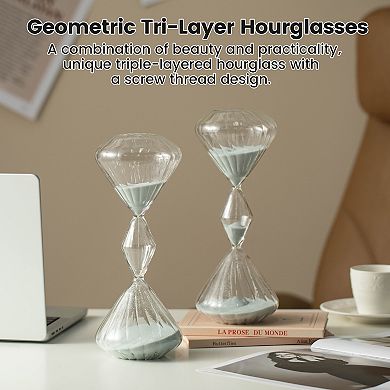 Glitzhome Set of 2 Geometric Tri-Layer Hourglasses with Grey Sand, 60-Minute Sand Timers
