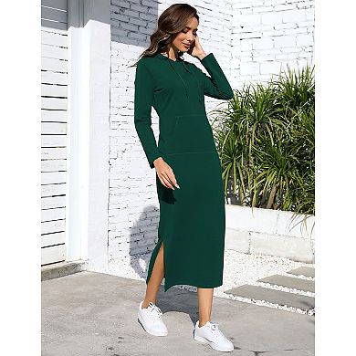 Women's Long Sleeve Side Slit Pullover Maxi Hoodie Dress Slim Sweatshirt Long Dresses with Pockets