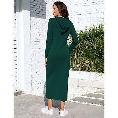Women's Long Sleeve Side Slit Pullover Maxi Hoodie Dress Slim Sweatshirt Long Dresses with Pockets