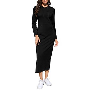 Women's Long Sleeve Side Slit Pullover Maxi Hoodie Dress Slim Sweatshirt Long Dresses with Pockets