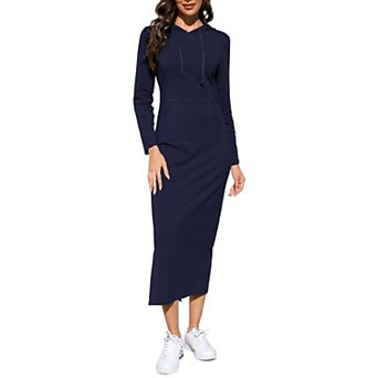 Women's Long Sleeve Side Slit Pullover Maxi Hoodie Dress Slim Sweatshirt Long Dresses with Pockets