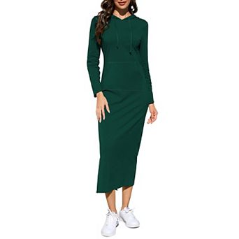 Women's Long Sleeve Side Slit Pullover Maxi Hoodie Dress Slim Sweatshirt Long Dresses with Pockets