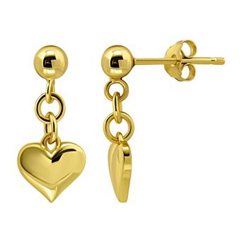 Aleure Precioso Gold Over Sterling Silver Ball with Heart Drop Charm Earrings