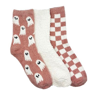 Women's 3-pc. Fuzzy Halloween Socks Set with Ghost and Checkered Designs
