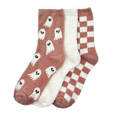 Women's 3-pc. Fuzzy Halloween Socks Set with Ghost and Checkered Designs