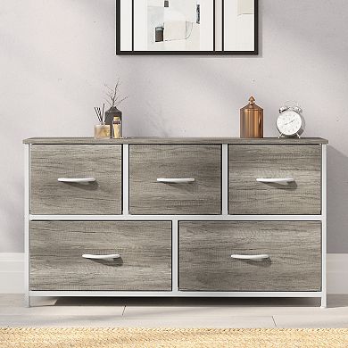 Emma And Oliver 5 Drawer Dresser-wood Top/iron Frame/fabric Drawers With Wooden Handles