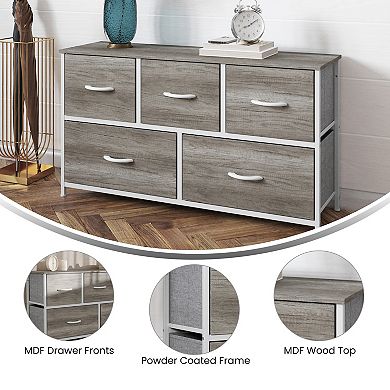 Emma And Oliver 5 Drawer Dresser-wood Top/iron Frame/fabric Drawers With Wooden Handles