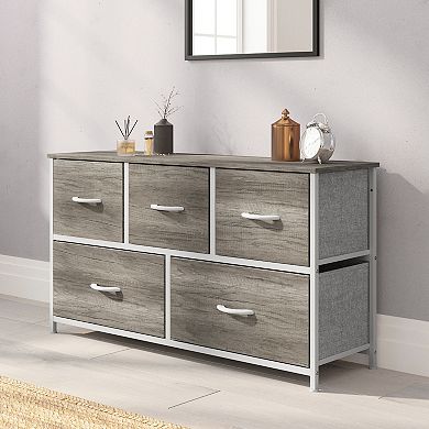 Emma And Oliver 5 Drawer Dresser-wood Top/iron Frame/fabric Drawers With Wooden Handles