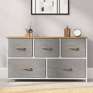 Emma And Oliver 5 Drawer Vertical Storage Dresser-wood Top & Fabric Pull Drawers
