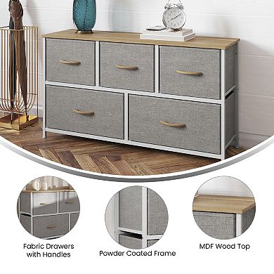 Emma And Oliver 5 Drawer Vertical Storage Dresser-wood Top & Fabric Pull Drawers