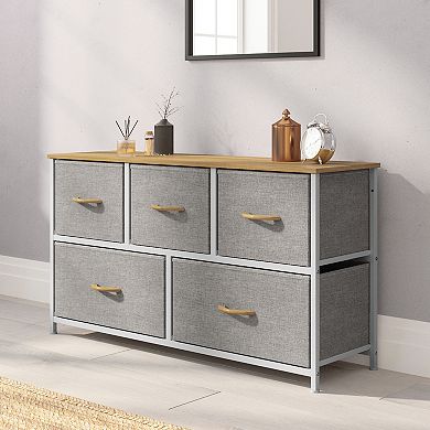 Emma And Oliver 5 Drawer Vertical Storage Dresser-wood Top & Fabric Pull Drawers