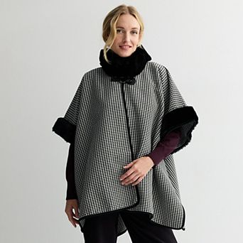 Women's Nine West Houndstooth Elevated Faux Fur Trim Cape