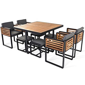 Merax 9 pc Acacia Wood Patio Dining Set, Space Saving Outdoor Patio Set