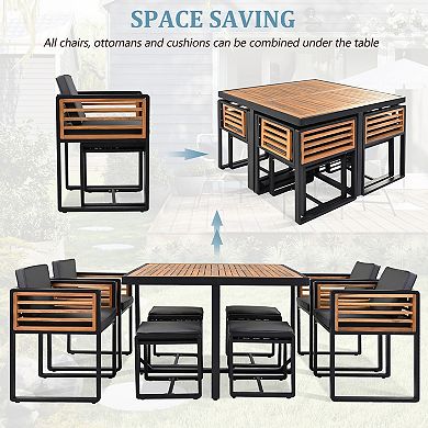 Merax 9-Pieces Acacia Wood Patio Dining Set, Space Saving Outdoor Patio Set