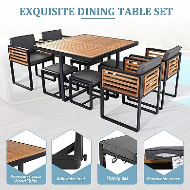 Merax 9-Pieces Acacia Wood Patio Dining Set, Space Saving Outdoor Patio Set