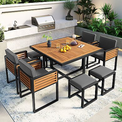 Merax 9-Pieces Acacia Wood Patio Dining Set, Space Saving Outdoor Patio Set