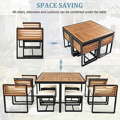 Merax 9-Pieces Acacia Wood Patio Dining Set, Space Saving Outdoor Patio Set