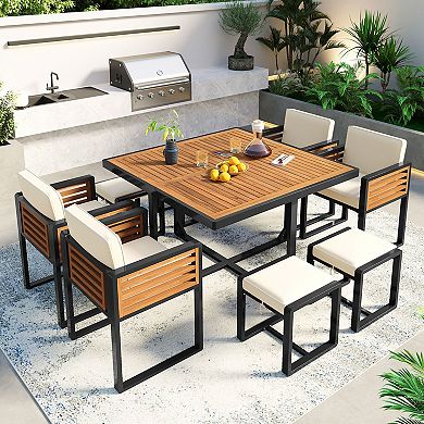 Merax 9-Pieces Acacia Wood Patio Dining Set, Space Saving Outdoor Patio Set
