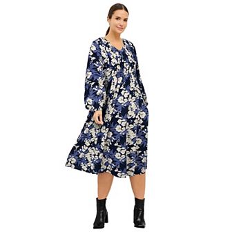 ellos Plus Size Smocked Bodice V-Neck Midi Dress