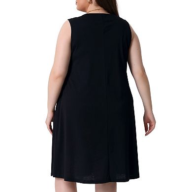 Plus Size Summer Dress for Women Sleeveless Round Neck Pockets Boho Beach Sundress