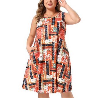 Plus Size Summer Dress for Women Sleeveless Round Neck Pockets Boho Beach Sundress