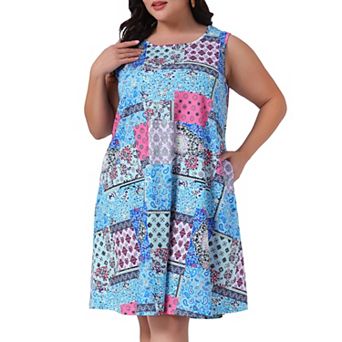 Plus Size Summer Dress for Women Sleeveless Round Neck Pockets Boho Beach Sundress